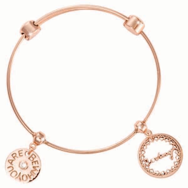 Nikki Lissoni Charm Bangle with Two Fixed Charms Be Who You Are Loving Little Hearts Rose Gold-Plated 17cm 6.7 inch B1101RG17