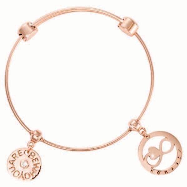 Nikki Lissoni Charm Bangle with Two Fixed Charms Be Who You Are Honesty Rose Gold-Plated 17cm 6.7 inch B1102RG17