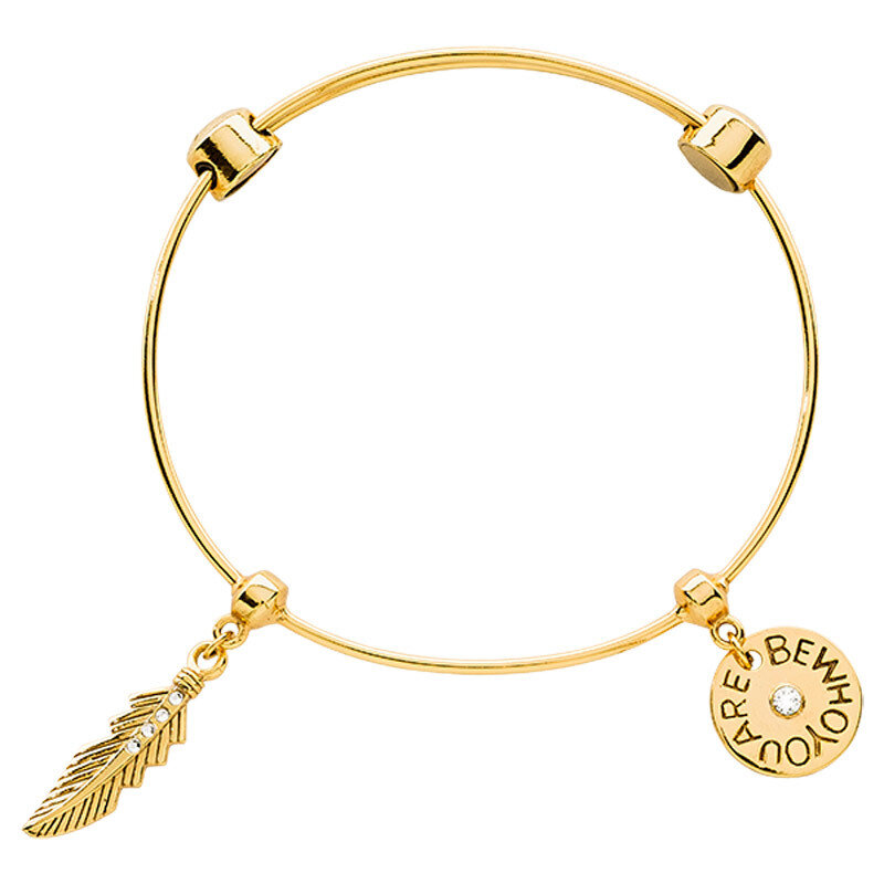 Nikki Lissoni Charm Bangle Gold-Plated with Two Fixed Charms Be Who You Are Featherlight 19cm 7.4 inch B1111G19