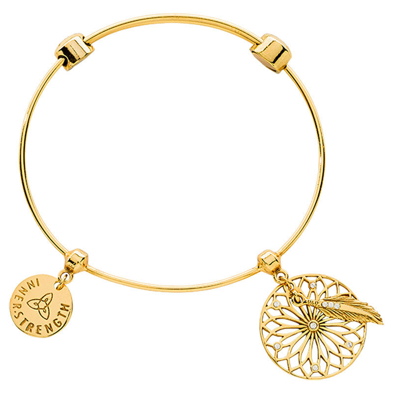 Nikki Lissoni Charm Bangle Gold-Plated with Two Fixed Charms Inner Strength Dreamcatcher 17cm 6.7 inch B1114G17