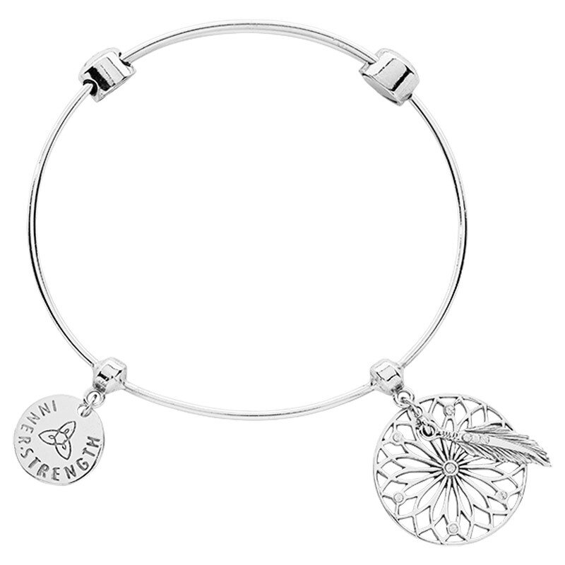 Nikki Lissoni Charm Bangle Silver-Plated with Two Fixed Charms Inner Strength Dreamcatcher 17cm 6.7 inch B1114S17
