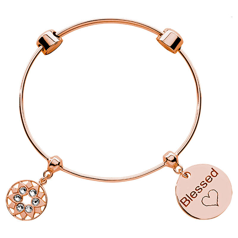 Nikki Lissoni Charm Bangle Rose Gold-Plated with Two Fixed Charms Lucky Flower Blessed 19cm 7.4 inch B1115RG19