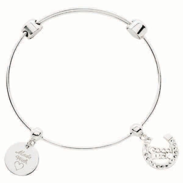 Nikki Lissoni Charm Bangle Silver-Plated with Two Fixed Charms Made with Love Good Luck Horseshoe 2…