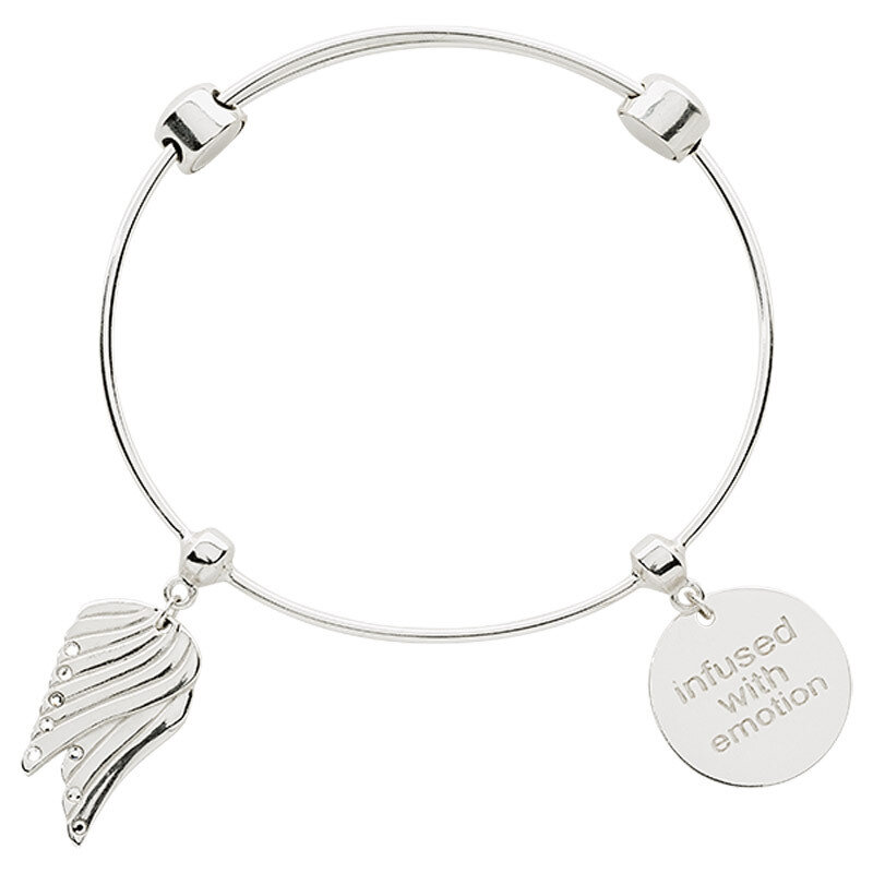 Nikki Lissoni Charm Bangle Silver-Plated with Two Fixed Charms Infused with Emotion Angel Wings 19c…
