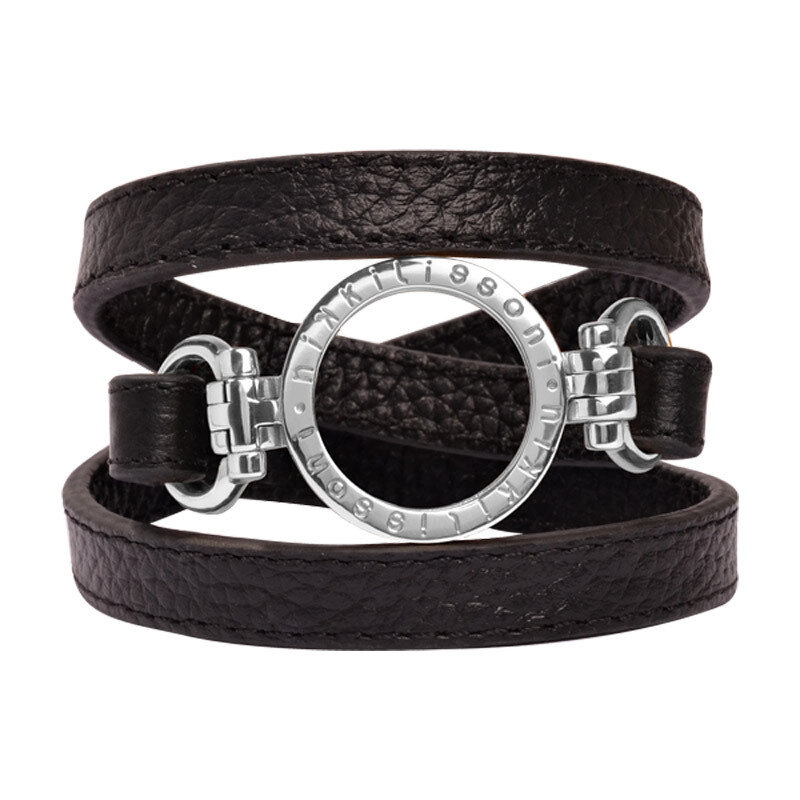 Nikki Lissoni Black Leather Wrap Bracelet with A Small Silver-Plated Pendant Size Large BBL01SL