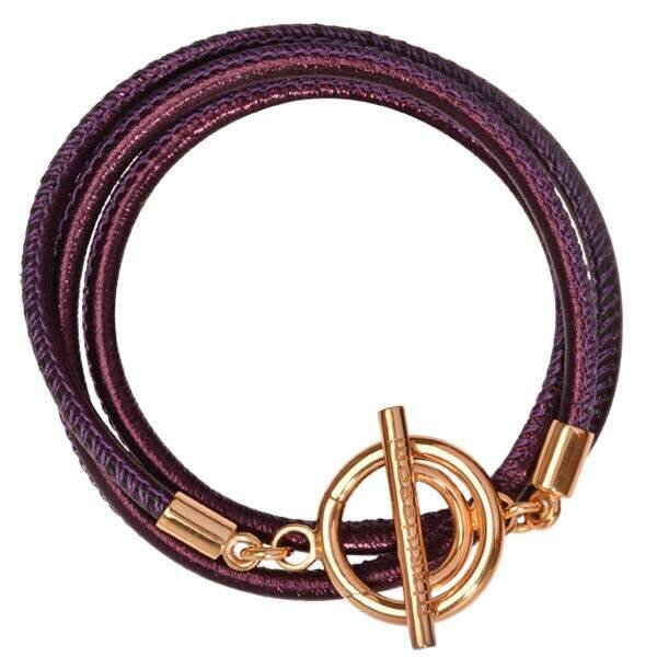 Nikki Lissoni Aubergine Leather Cord Wrap Bracelet with Gold-Plated T-Bar Closure Charms Size Small BLCG02S
