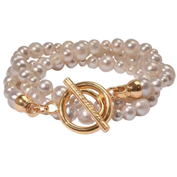 Nikki Lissoni Bracelet with Facet Round Smokey Glass White Pearl with Gold-Plated T-Bar Closure Size Medium BQ02GM