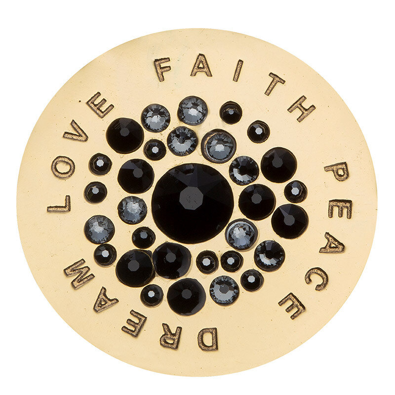 Nikki Lissoni Sparkling Love. Faith. Peace. Dream. with Black Grey Swarovski Crystals Gold-Plated 33mm Coin C1617GM