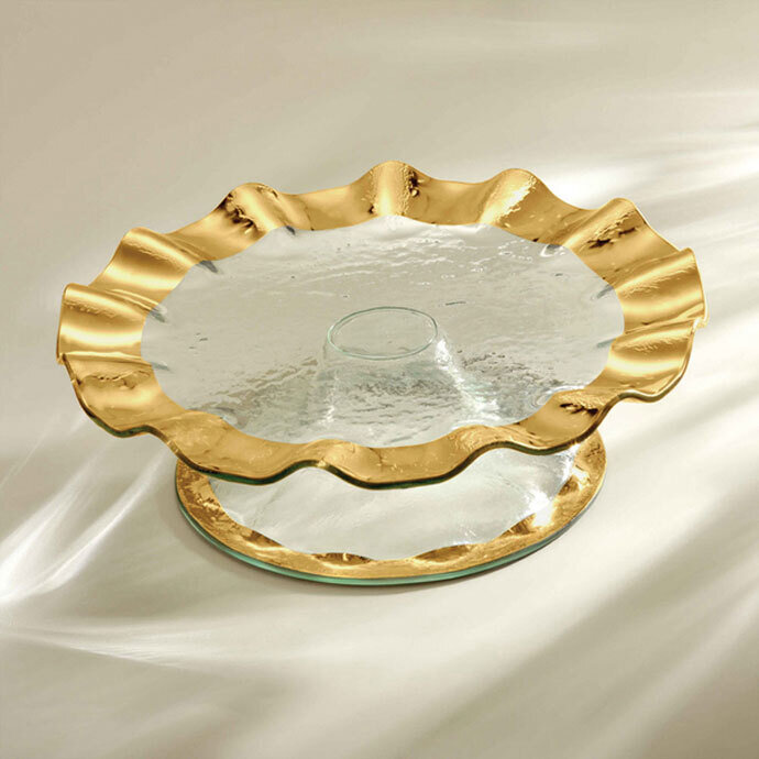 Annieglass Ruffle Gold Pedestal Cake Plate (5 Inch High) 14 1/4 Inch
