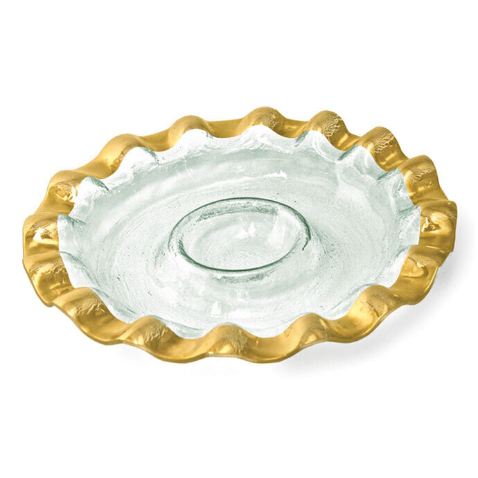 Annieglass Ruffle Gold Round Chip and Dip Server 14 3/4 Inch
