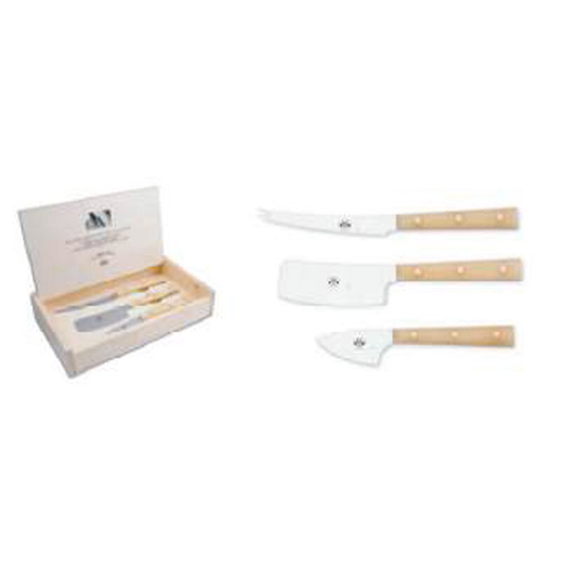 Berti Set Of Three Cheese Knives In Wood Box White Lucite Handle 425
