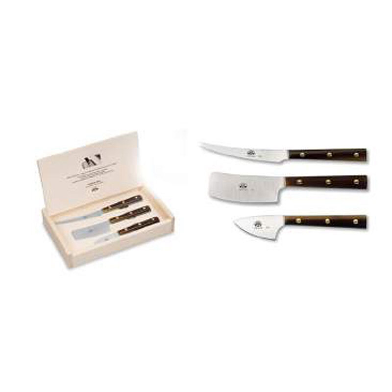 Berti Set Of Three Cheese Knives In Wood Box Cornotech Handle 435C