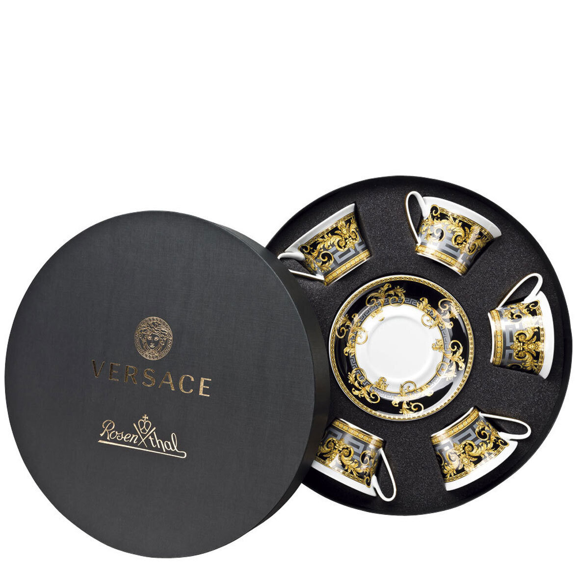 Versace Prestige Gala Tea Cup & Saucer Set of Six Round Hat Box