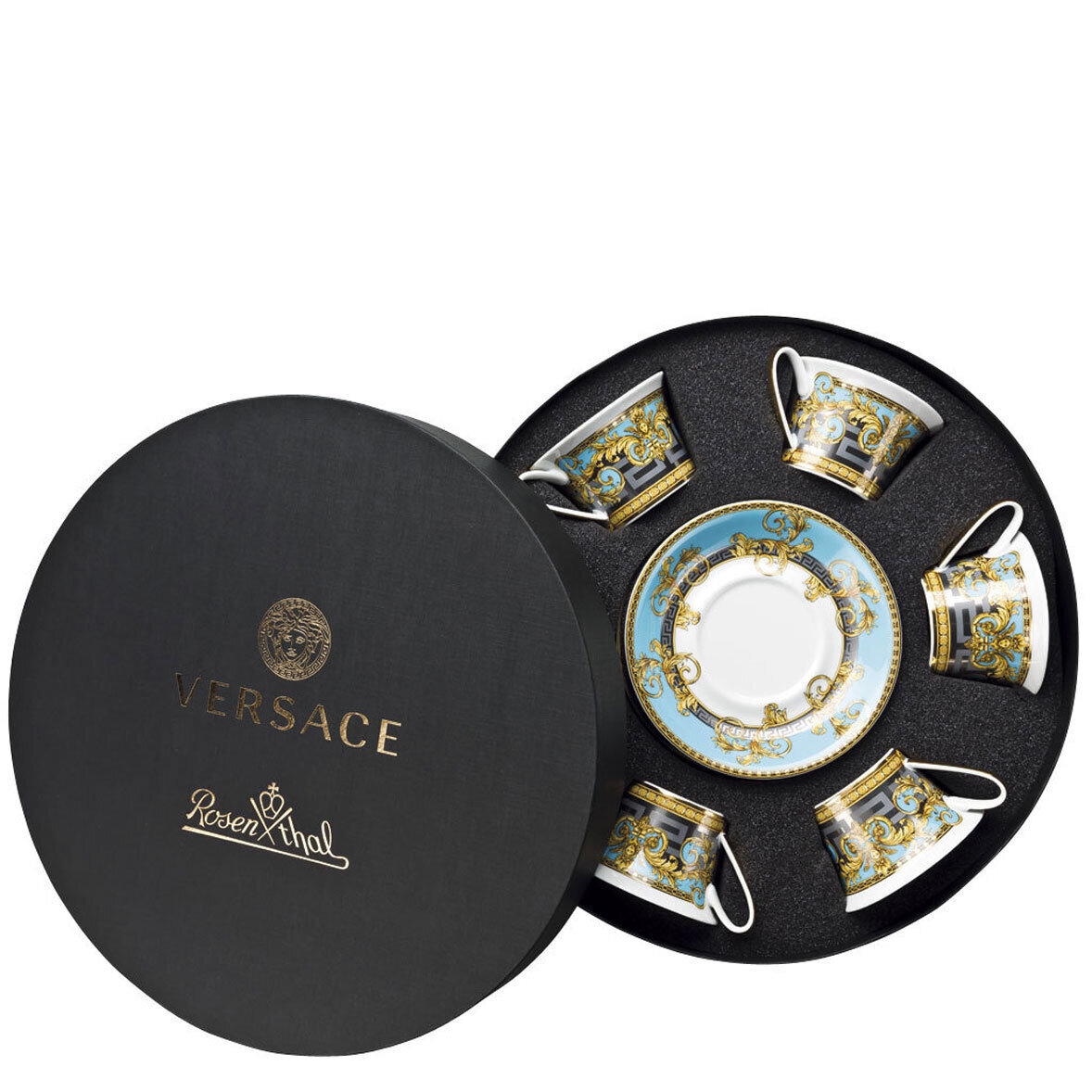 Versace Bleu Prestige Gala Tea Cup & Saucer Set of Six Round Hat Box