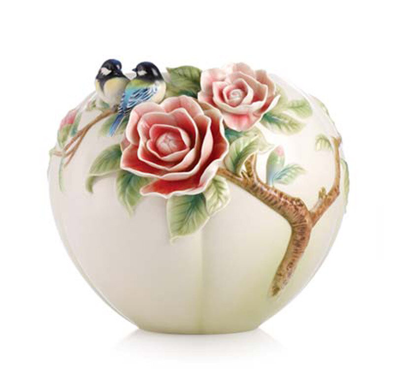 Franz Porcelain Vase Chickadee Camellia FZ02972