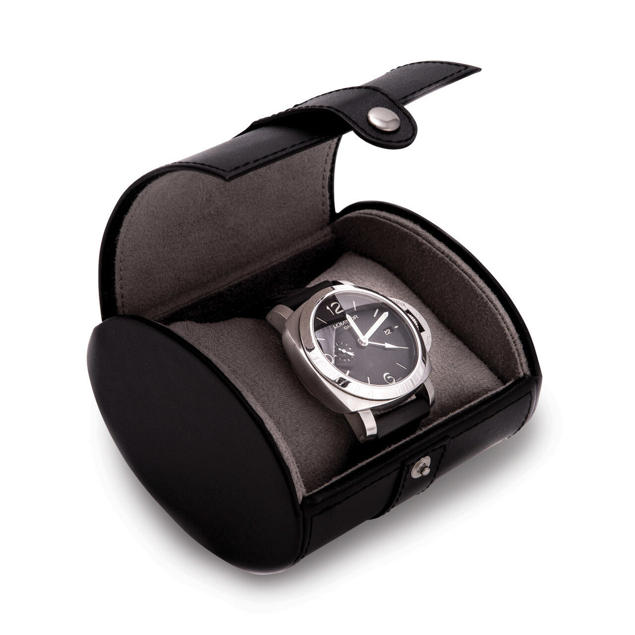 Black Leather Single Watch Travel Case with Snap Closure GM13302