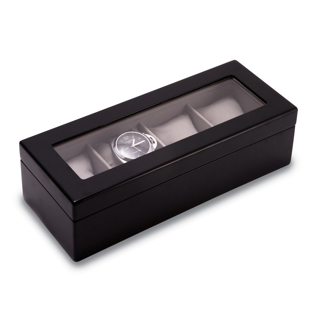 Matte Black Wood 4 Watch Box with Glass Top and Velour Lining & Pillows GM13333