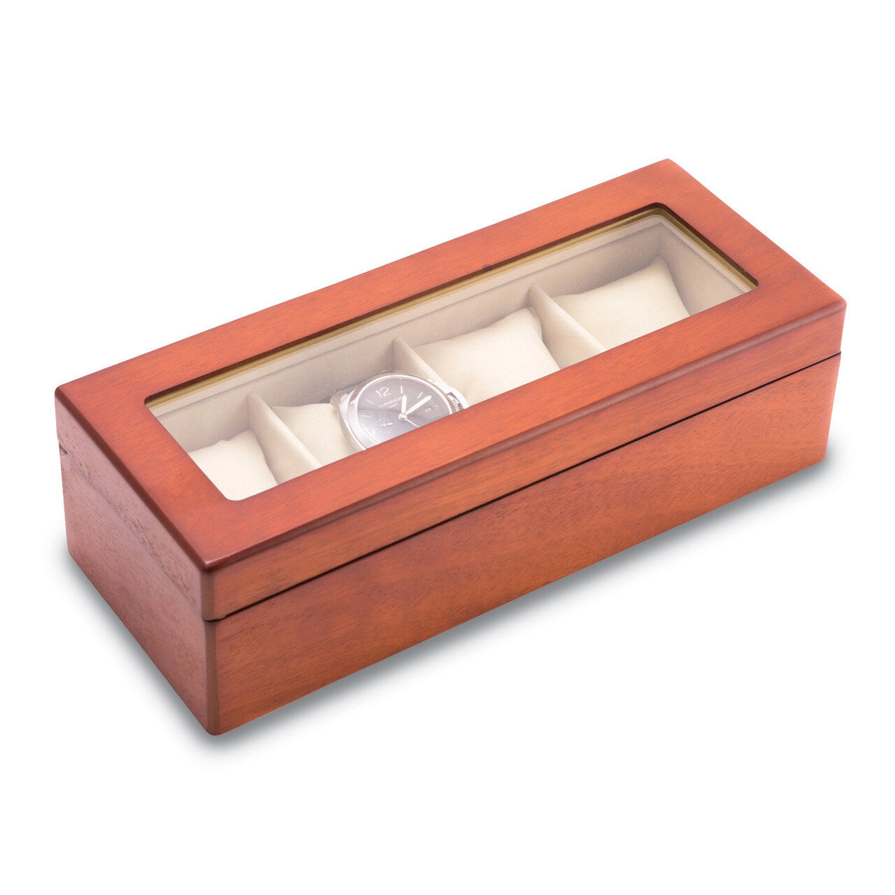 Cherry Wood 4 Watch Box with Glass Top and Velour Lining &amp; Pillows GM13334