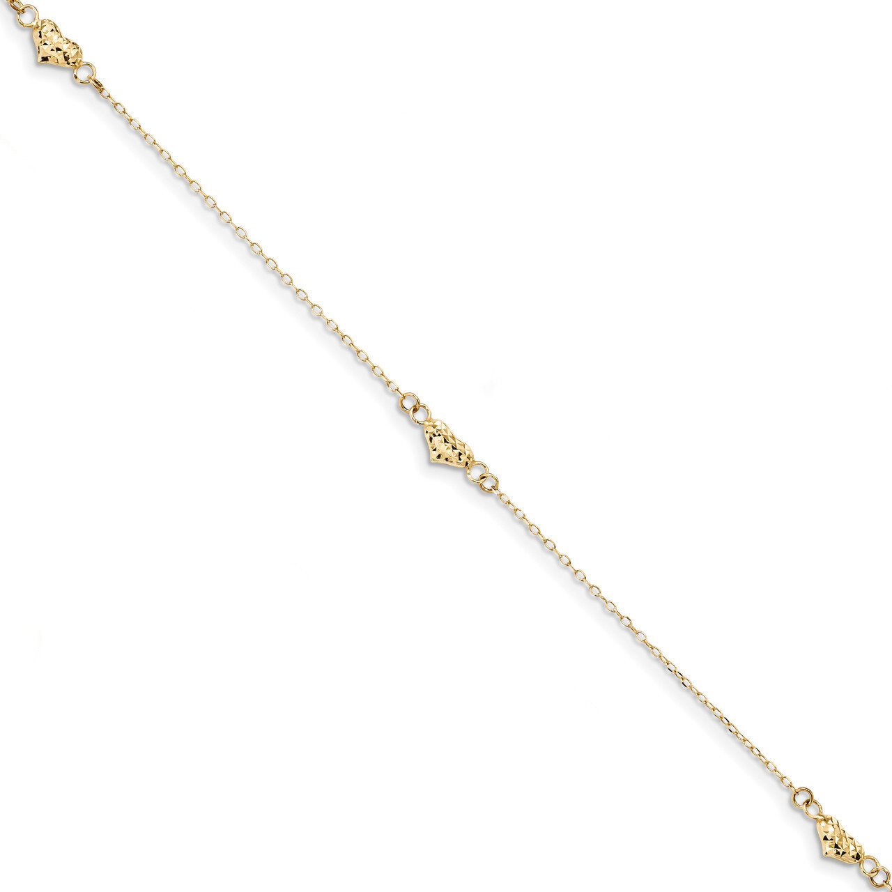 Diamond -cut Triple Puffed Hearts with 1 inch Extender Anklet 14k Gold Polished ANK287-9
