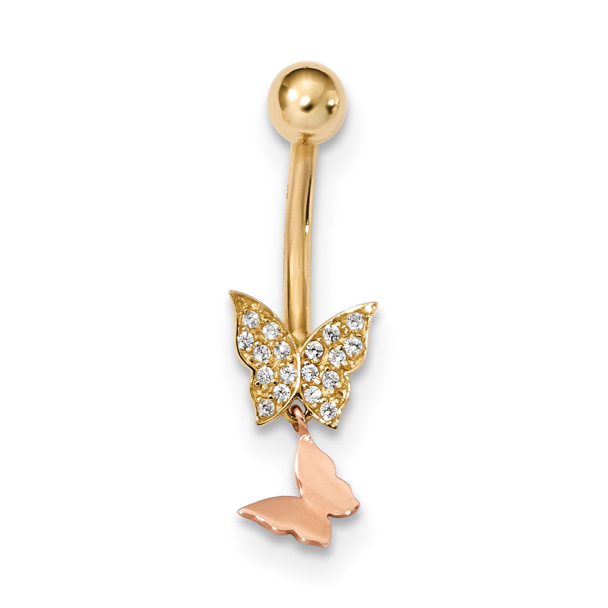 Double CZ Diamond Butterfly Dangle Belly Ring 14k Two-Tone Gold BD139