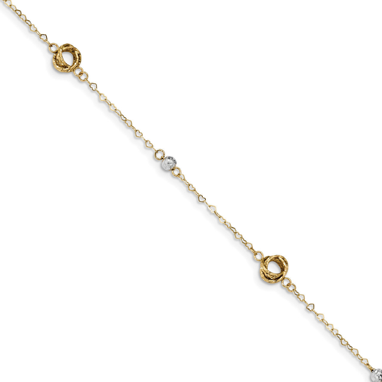 7.5 Inch Diamond -cut Love Knot & Bead on Small Heart Link Bracelet 14k Two-Tone Gold FB1466-7.5