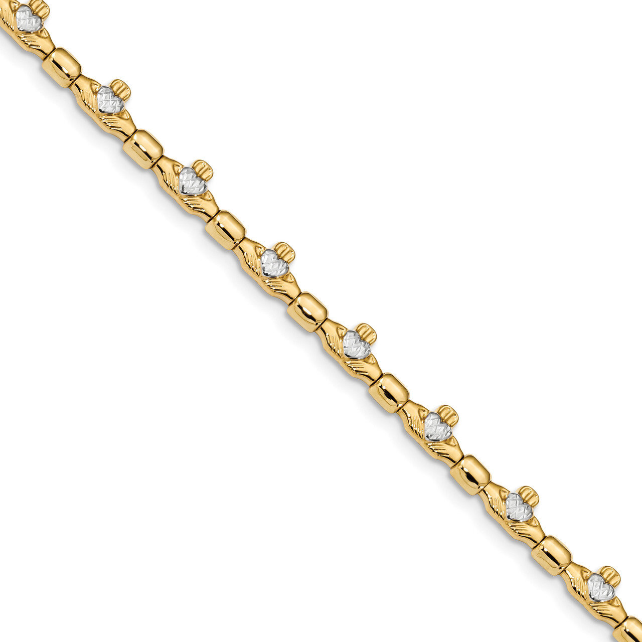 7.25 Inch Diamond -cut Claddagh Polished Link Bracelet 14k Gold & Rhodium FB1496-7.25
