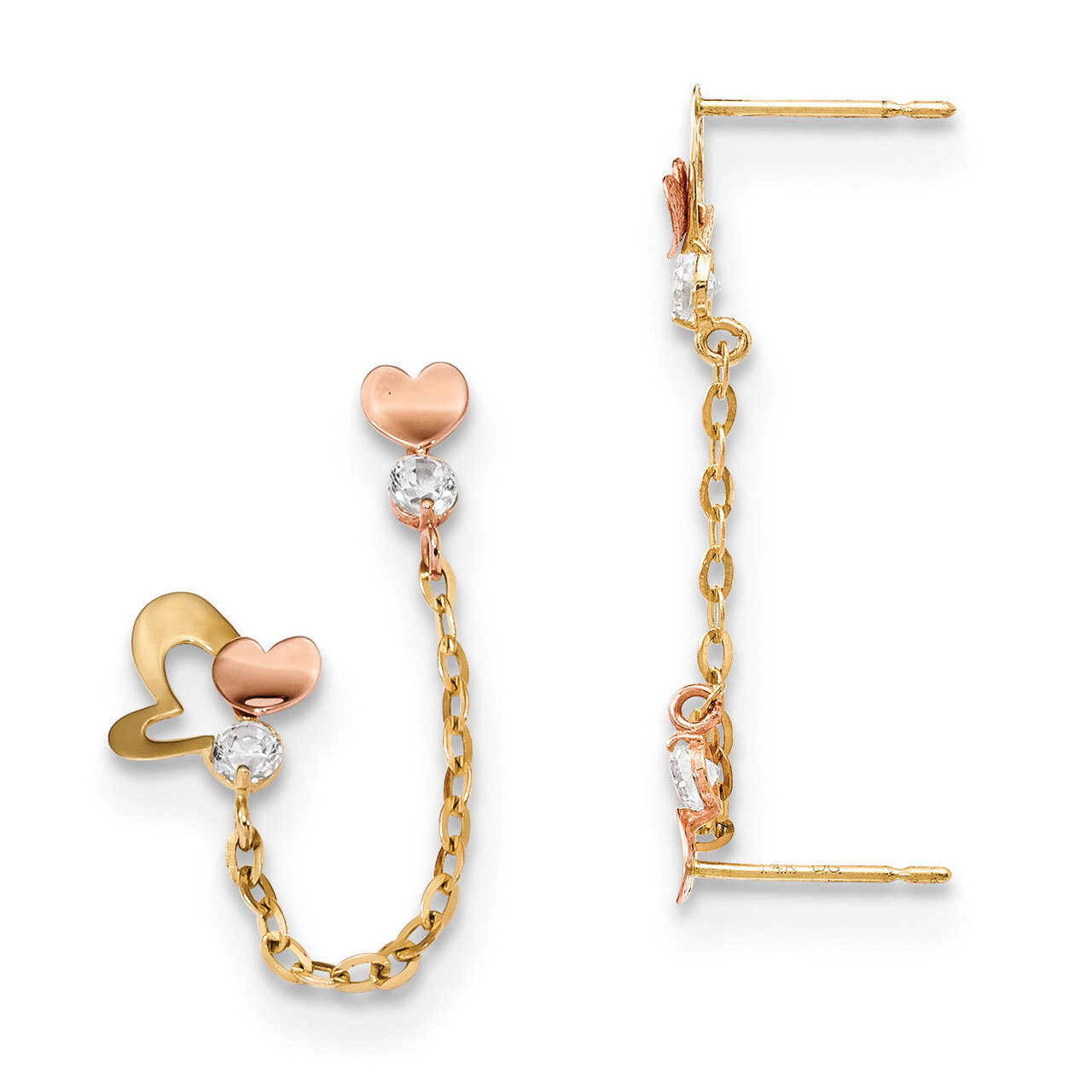 Two-tone CZ Diamond Double Post with Chain Heart Earring 14k Two-tone Gold GK915, MPN: GK915, 19110…