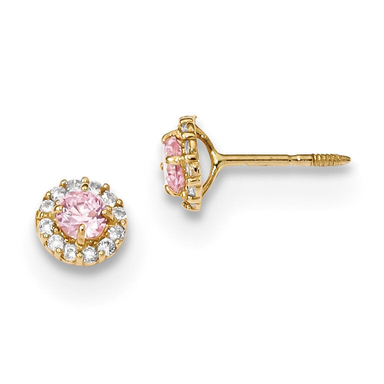 Madi K Polished Pink and Clear CZ Diamond Screwback Post Earrings 14k Gold GK928