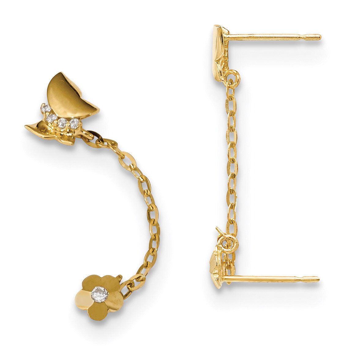 Madi K CZ Diamond Double Post with Chain Butterfly &amp; Flower Earring 14k Gold GK942, MPN: GK942, 883…