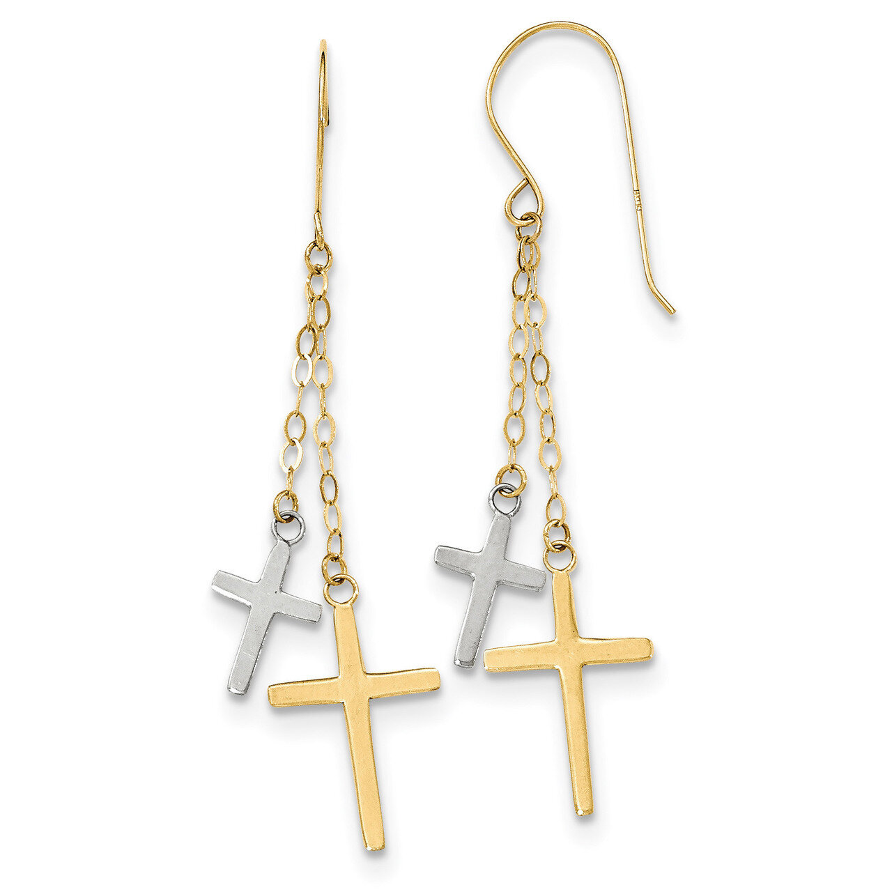 Chain Dangle Cross Shepherd Hook Earrings 14k Two-Tone Gold H1091