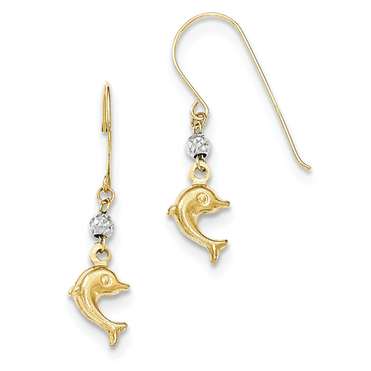 14K Two Toned Puffed Dolphin Shepherd Hook Earrings 14K Two Tone Gold H1133