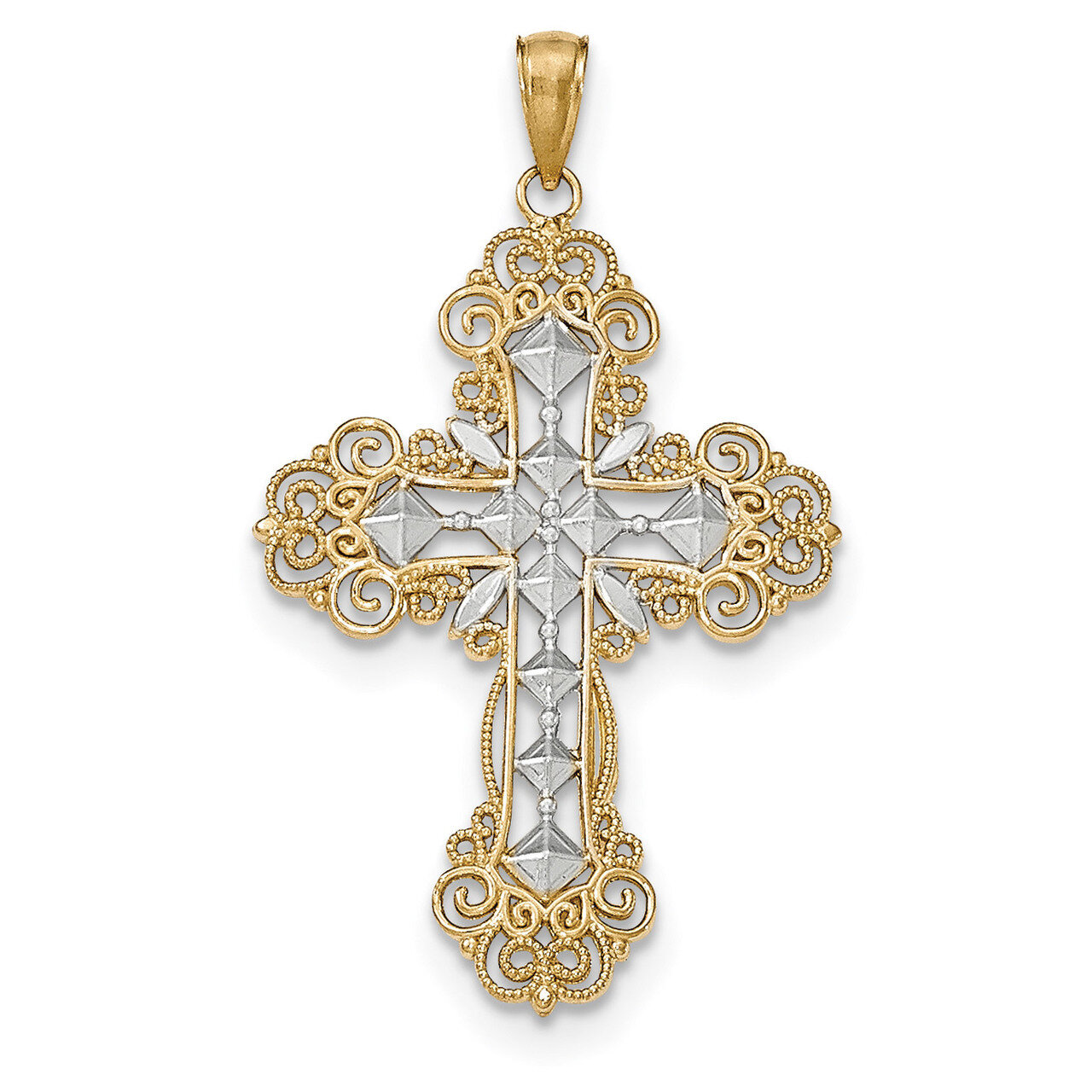 Textured Diamond Pattern Cross Pendant 14k &amp; Rhodium Polished K5458, MPN: K5458, 637218134519