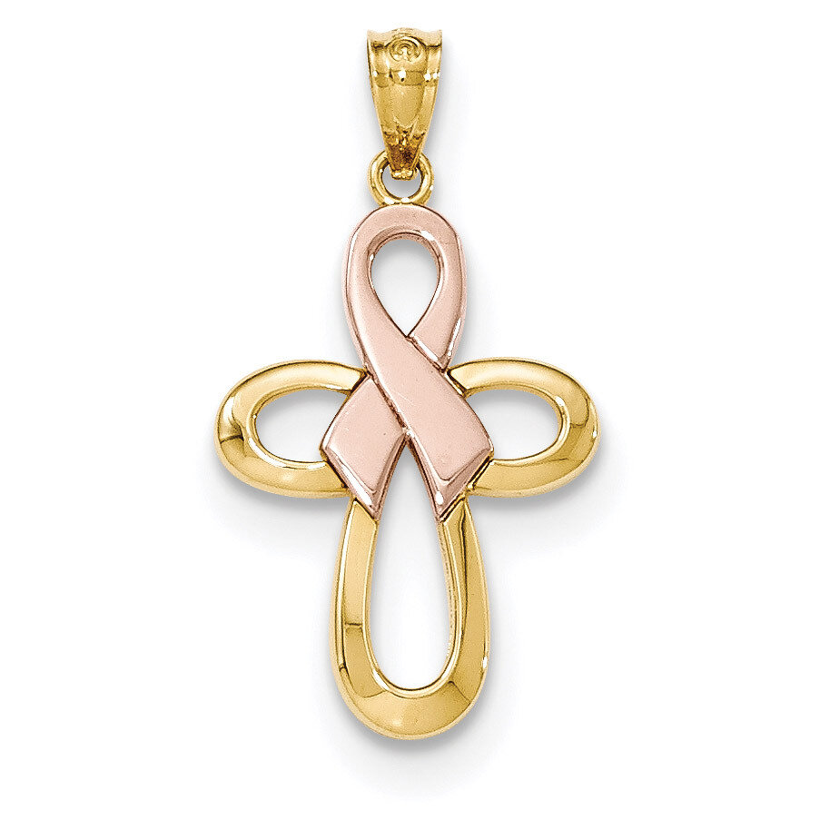 Polished Pink Ribbon Cross Pendant 14k Two-tone Gold K5477, MPN: K5477, 191101365225