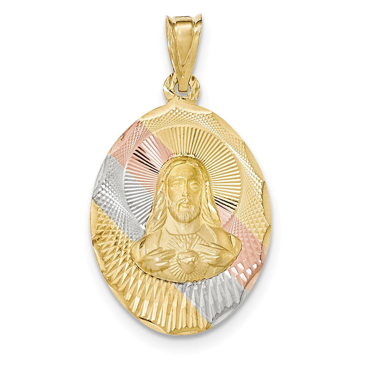 Diamond -cut Sagrado Corazon Oval Pendant 14k &amp; Rhodium Polished K5589, MPN: K5589, 191101453298