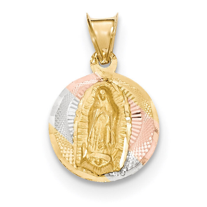 Diamond -cut Lady of Guadalupe Circle Pendant 14k & Rhodium Polished K5628