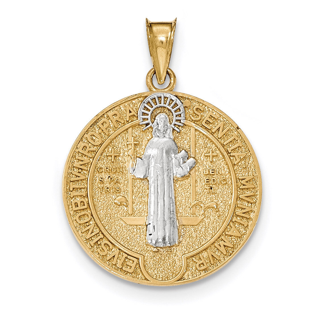 Circle Saint Benedict Medal Pendant 14k Gold &amp; Rhodium K5658, MPN: K5658, 191101459320