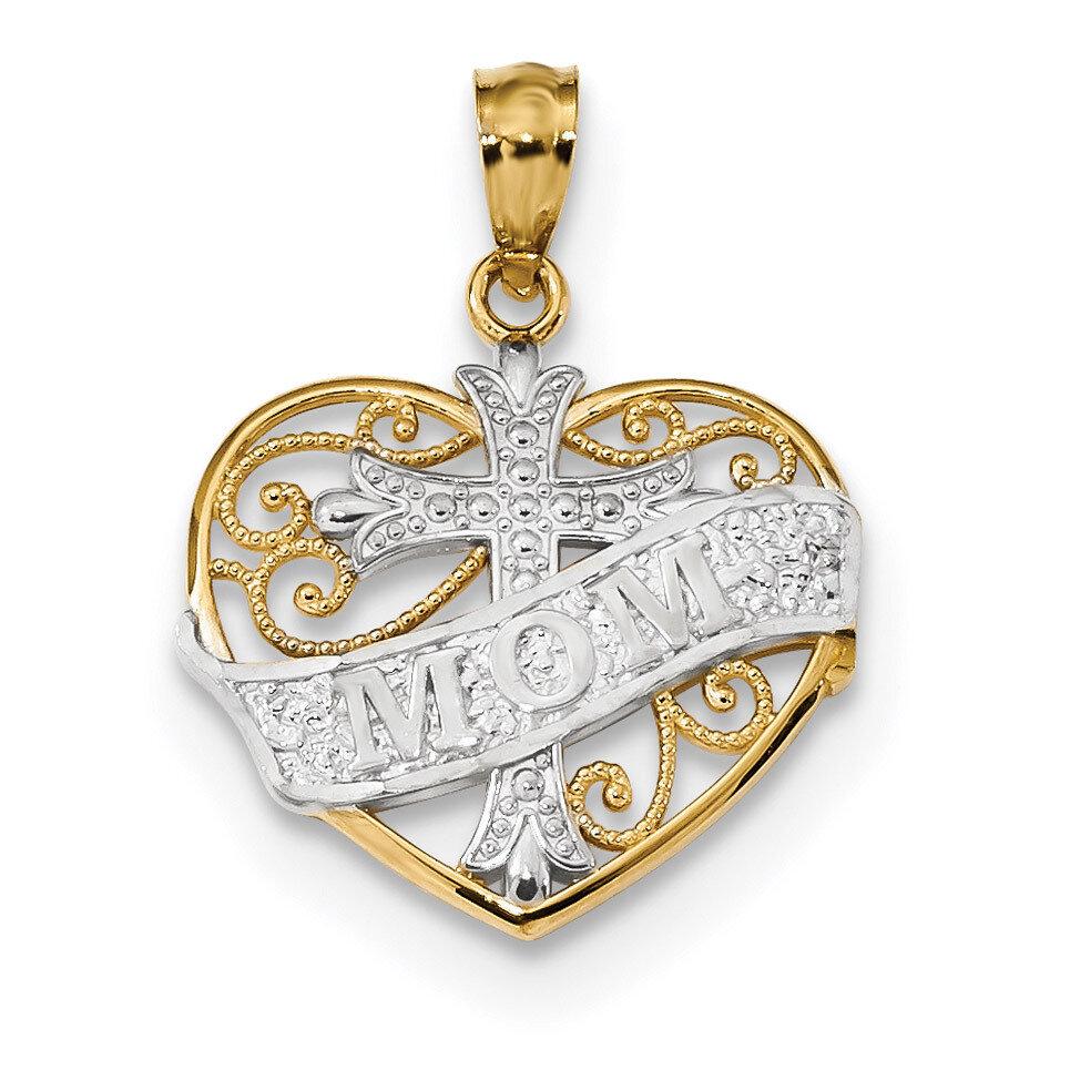 Mom &amp; Cross Inside Filigree Heart Pendant 14k Gold &amp; Rhodium K5897, MPN: K5897, 883957327594