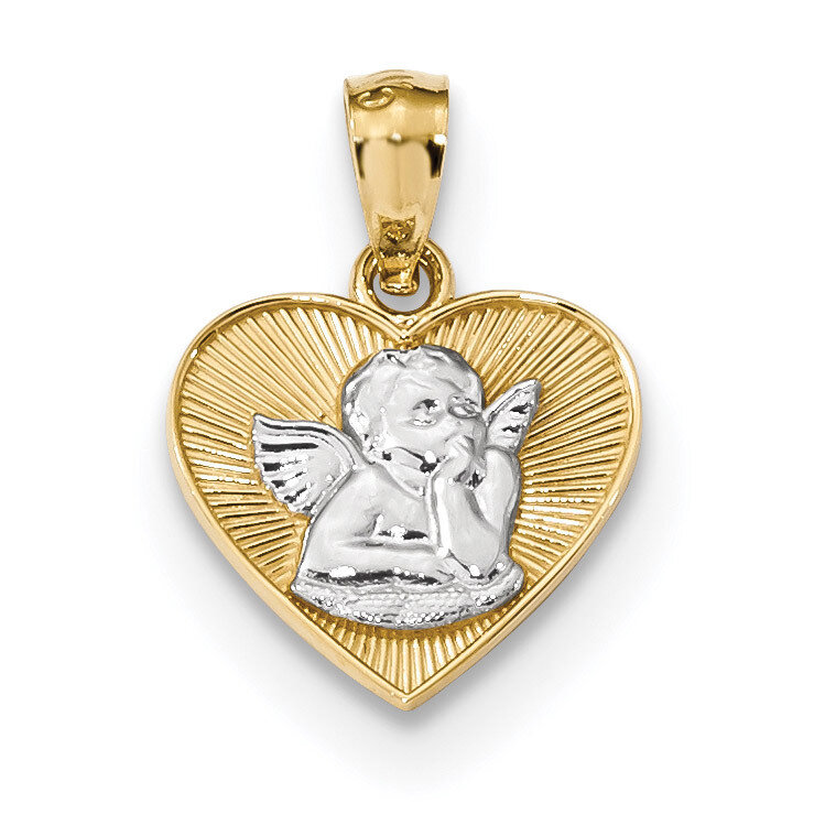 Polished Guardian Angel in Heart Pendant 14k Gold & Rhodium K5911