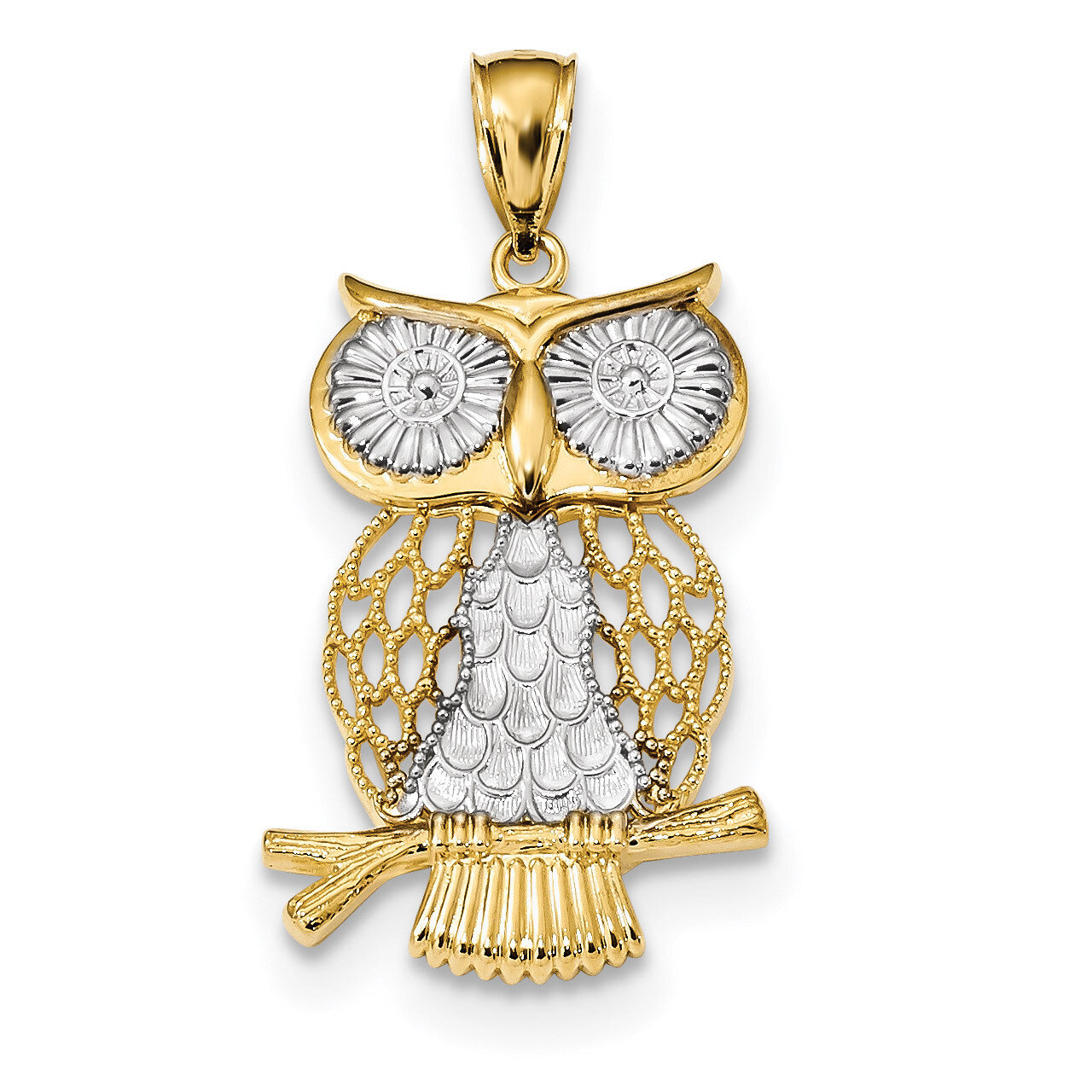 Diamond -cut Polished Moveable Owl Pendant 14k Gold & Rhodium K5979