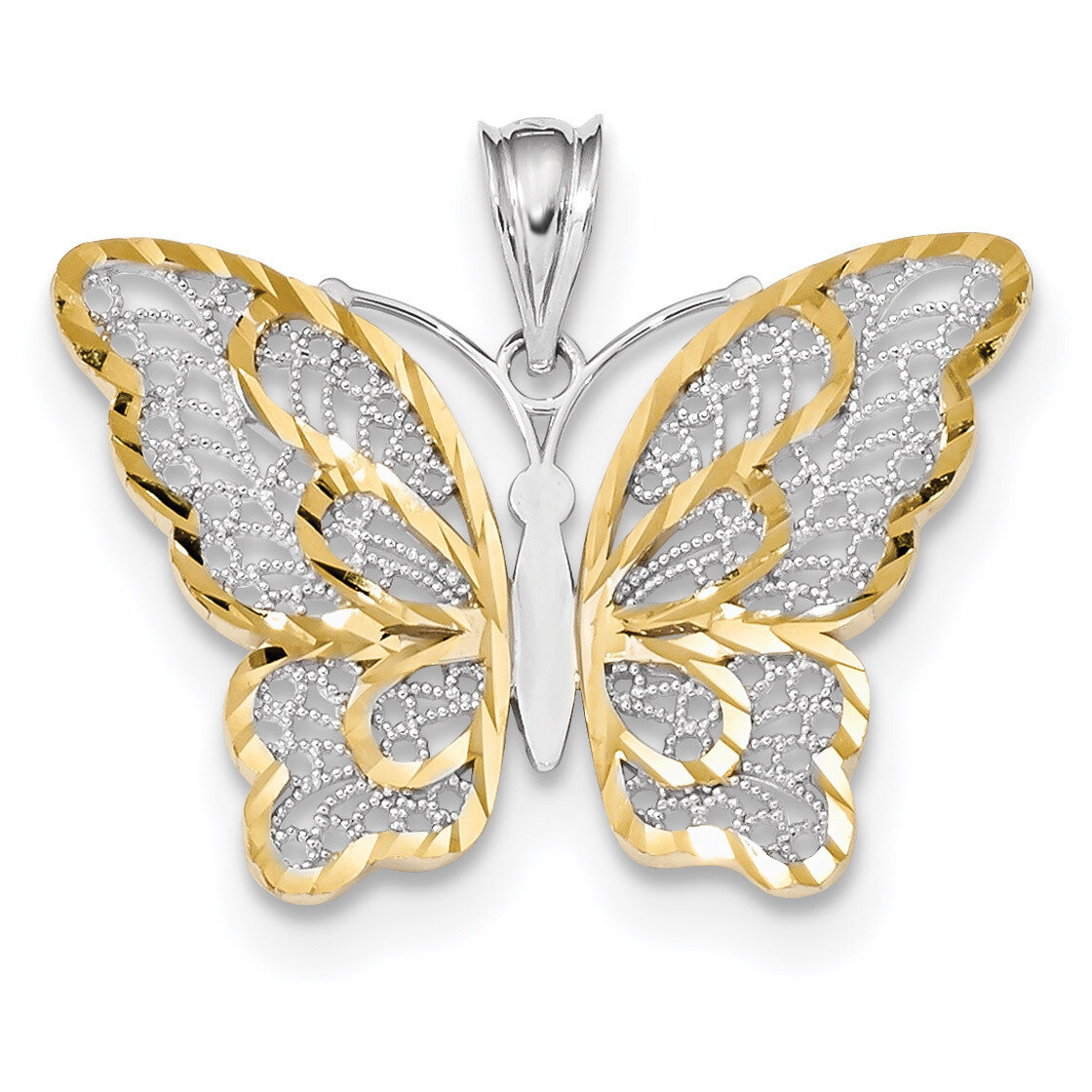 White Polished Filigree Butterfly Pendant 14k Gold & Rhodium K5987