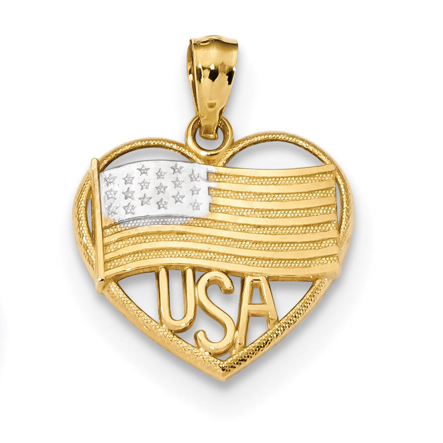Polished American Flag & USA in Heart Pendant 14k Gold & Rhodium K6111