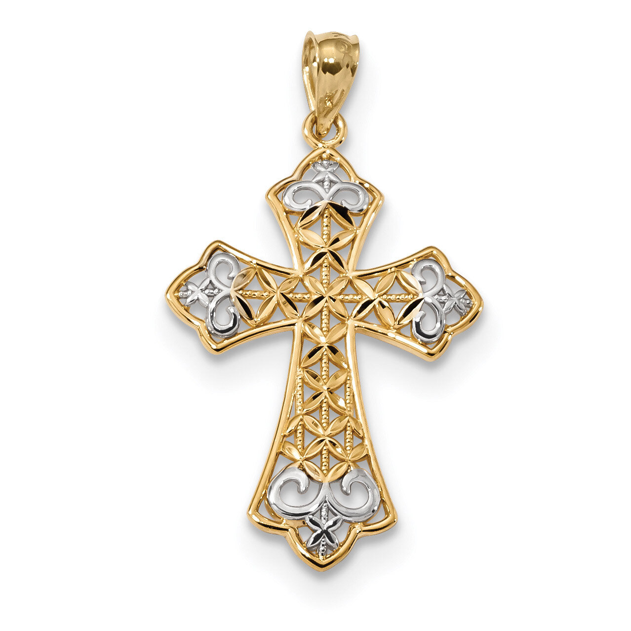 Polished Diamond -cut Filigree Cross Pendant 14k Gold &amp; Rhodium K6176, MPN: K6176, 886774002576