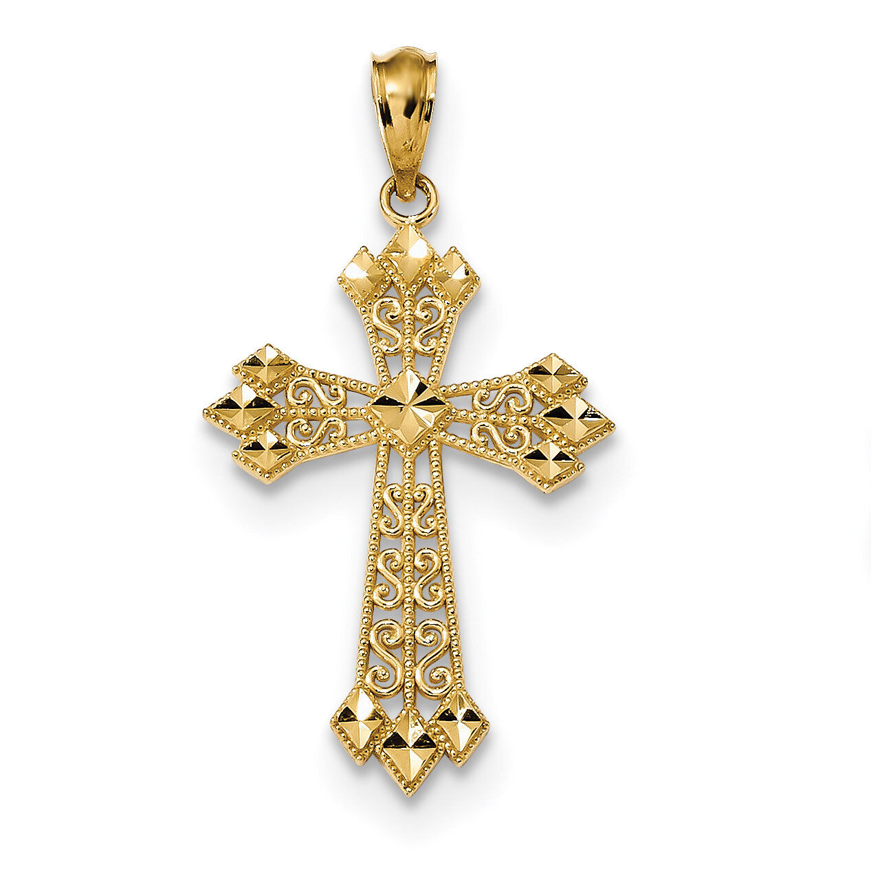 Filigree Hearts Cross Pendant 14k Gold Diamond-cut Polished K6238