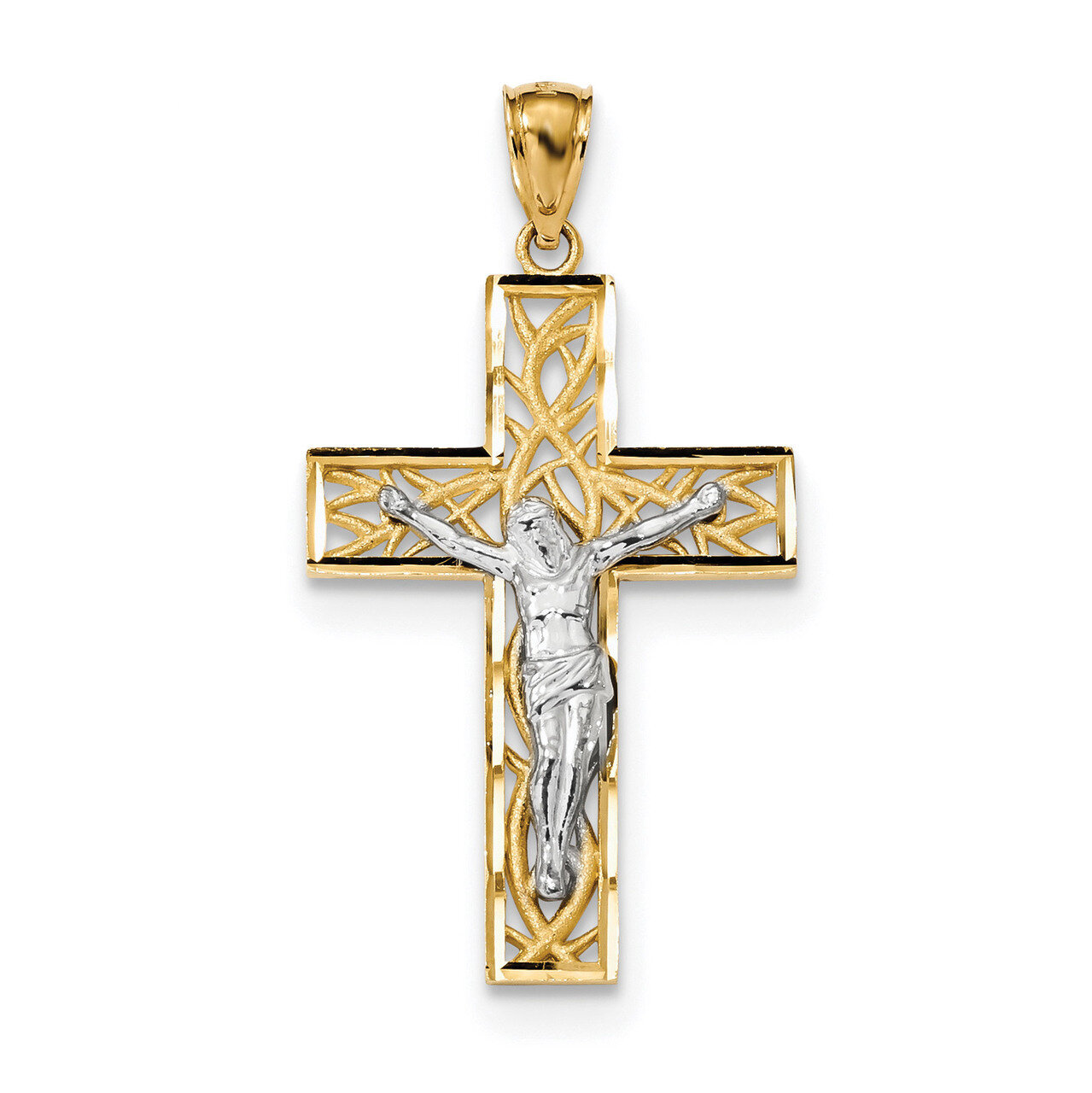 Satin &amp; Polished Diamond -cut Crucifix with Vines Pendant 14k Two-Tone Gold K6300, MPN: K6300, 8867…