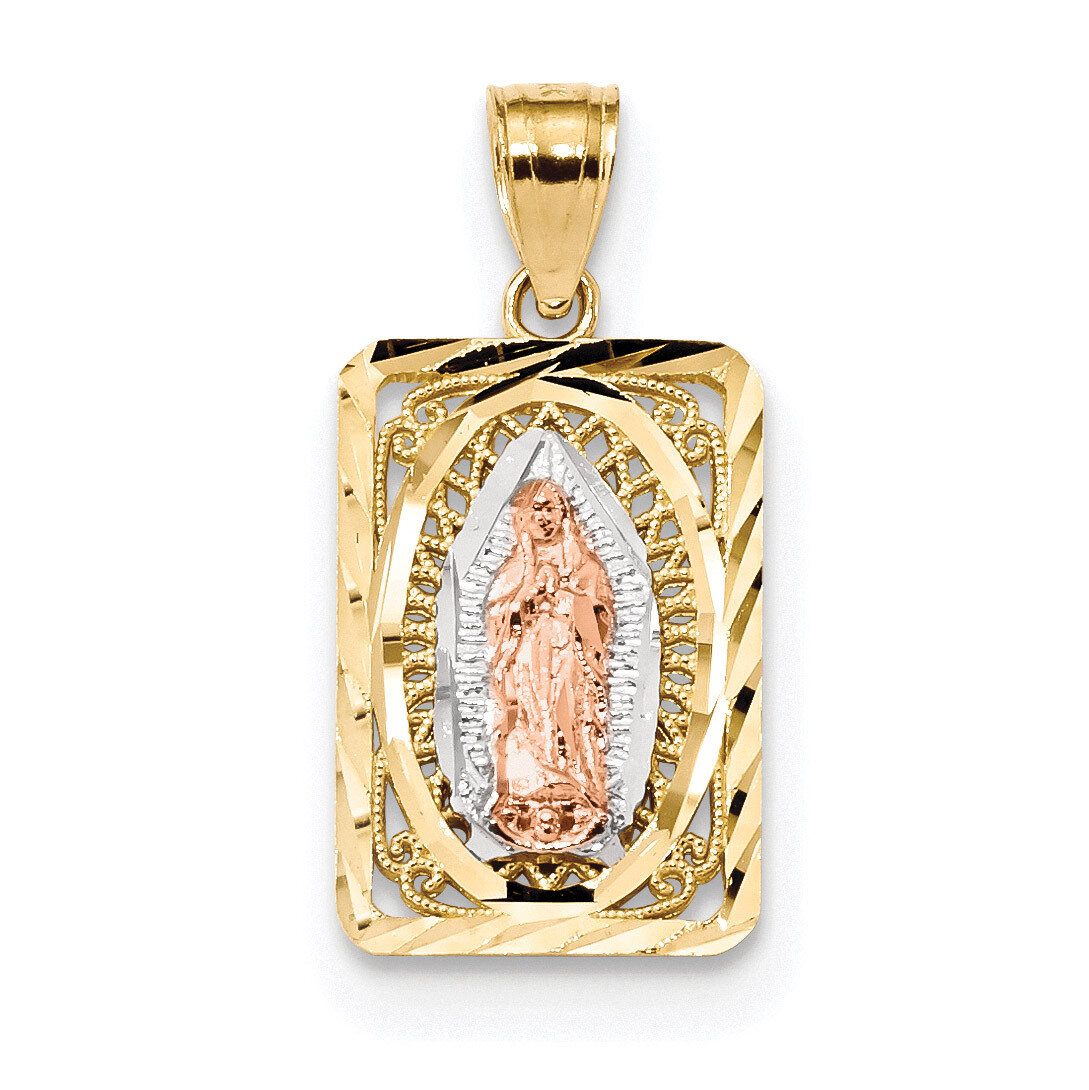White Rhodium Diamond -cut Lady of Guadalupe Pendant 14k Two-Tone Gold K6350