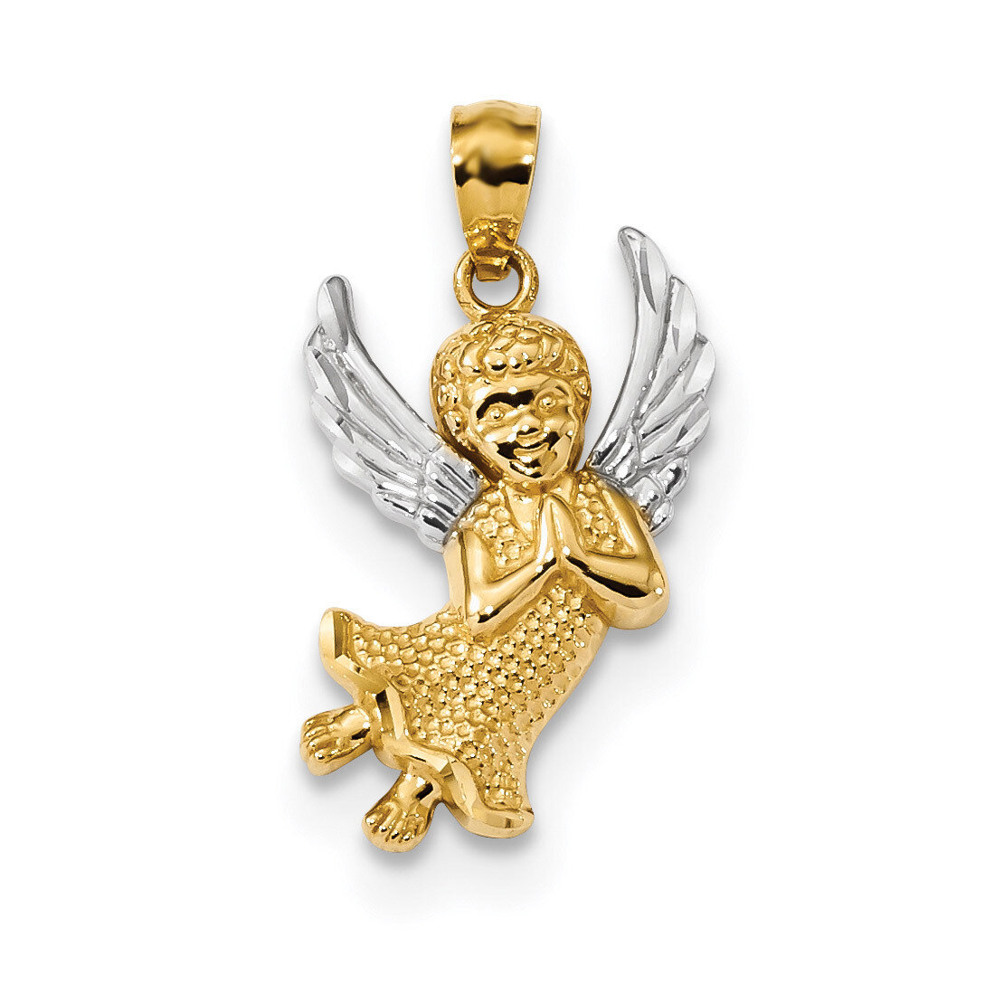 Diamond -cut Praying Angel Pendant 14k Gold &amp; Rhodium K6372
