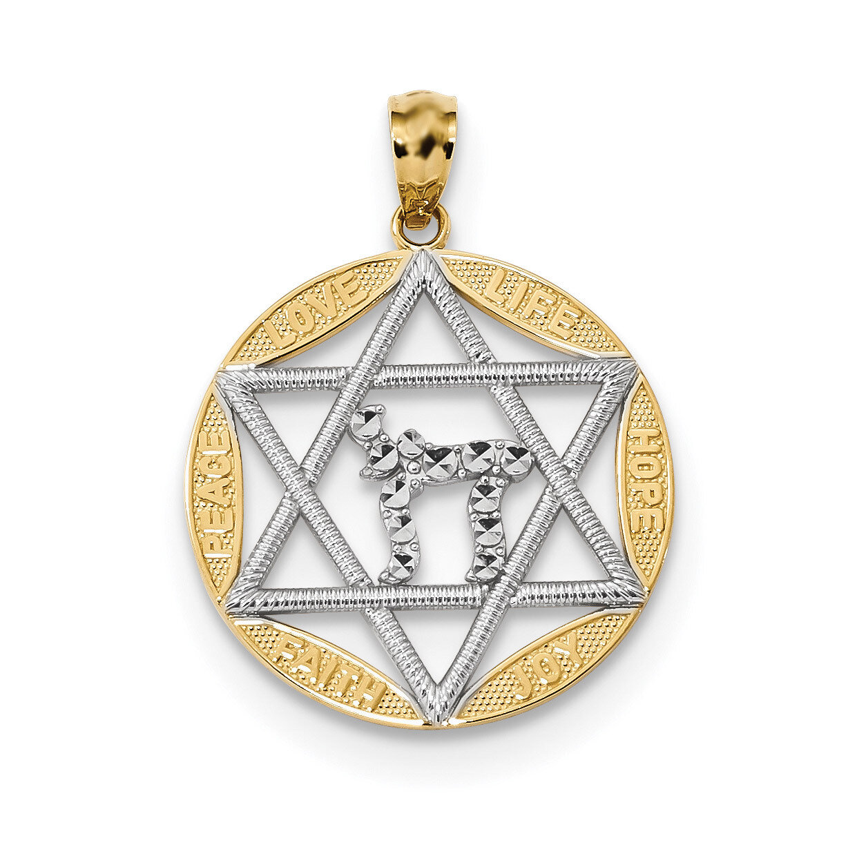 Star of David with Chai Diamond -cut Circle Pendant 14k Gold & Rhodium K6375