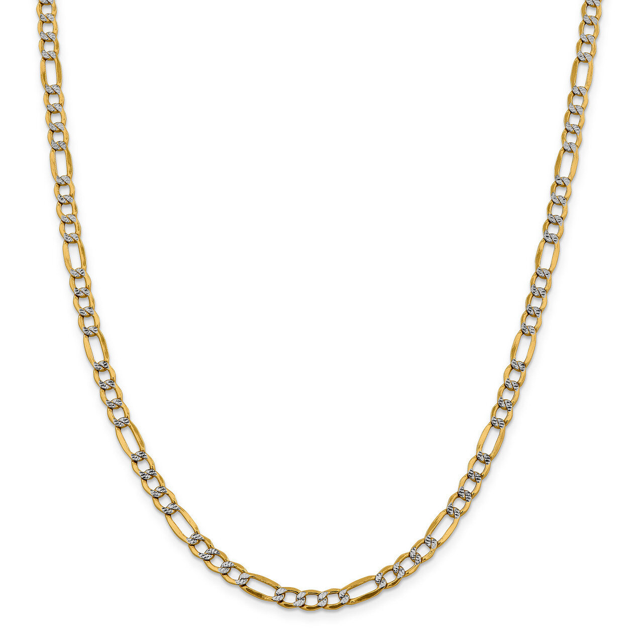 16 Inch 5.25mm Semi-solid Pave Figaro Chain 14k Gold &amp; Rhodium PWC120-16