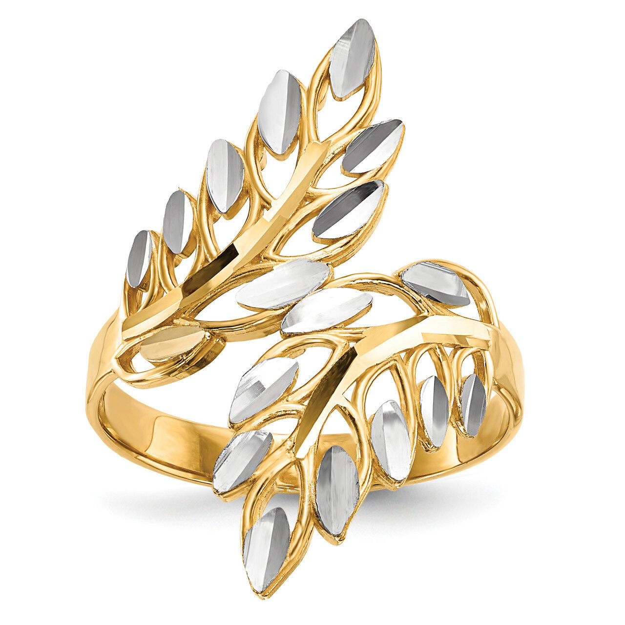 White Diamond -cut Leaves Ring 14k Gold &amp; Rhodium R574