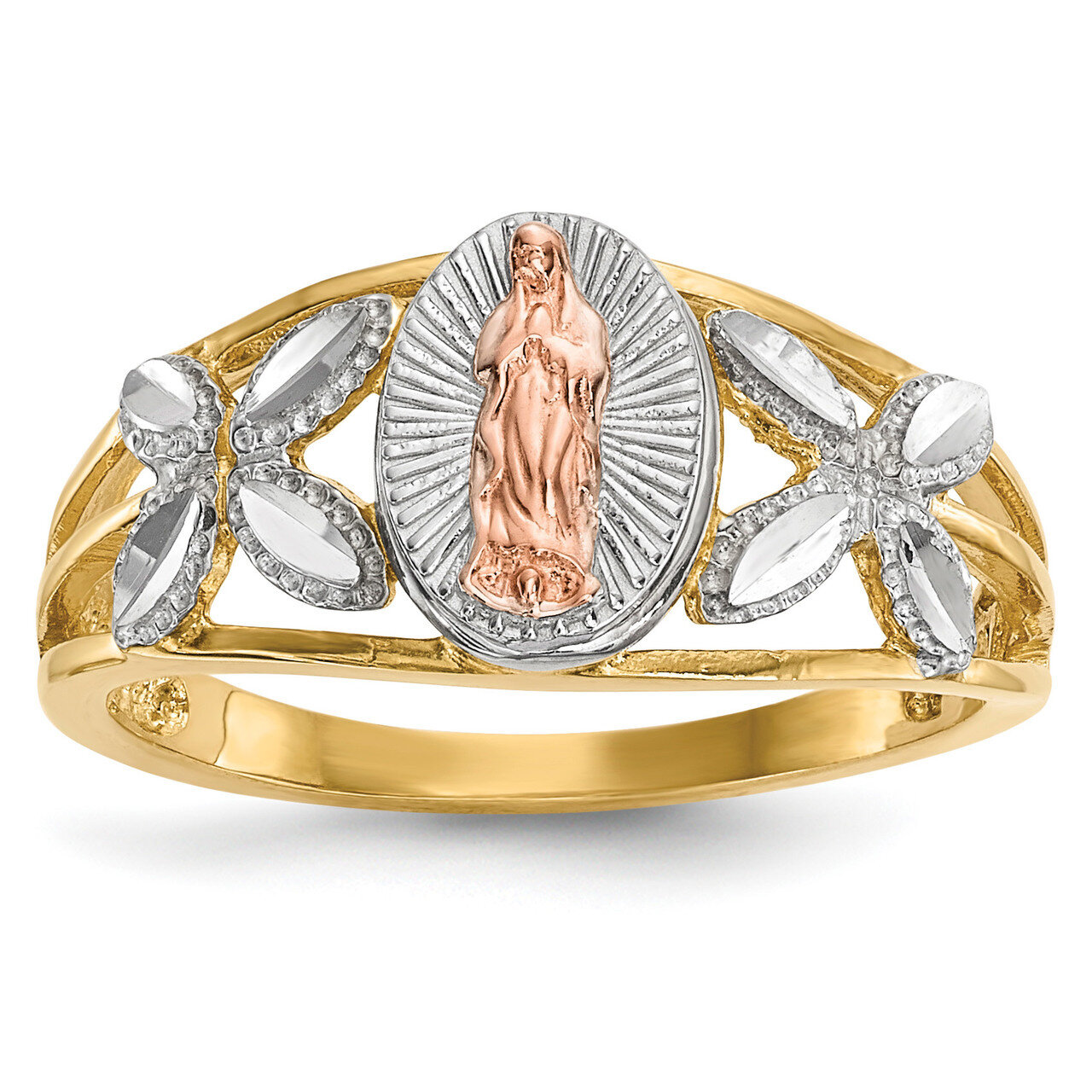 White Rhodium Polished Our Lady of Guadalupe Ring 14k Two-Tone Gold R577